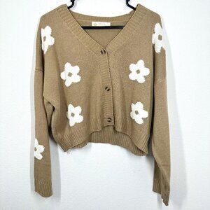 Leela & Lavendar Brown Cropped Daisy Cardigan V Neck Quirky Casual Cozy Fall